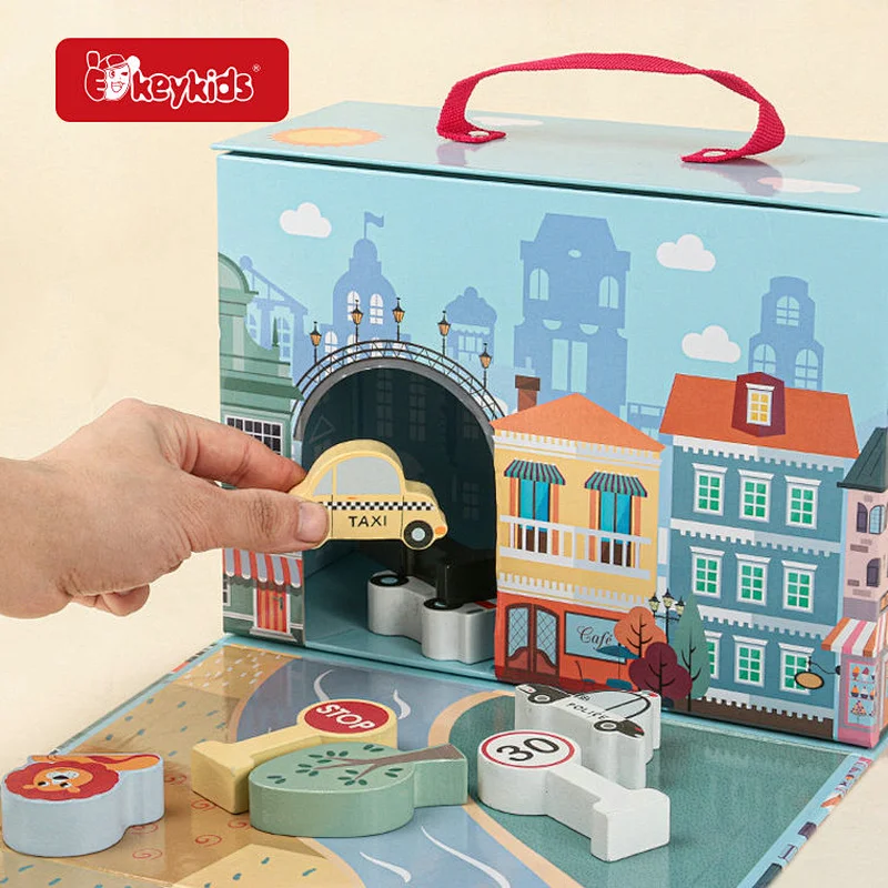 Hot Sale Educational Play Box City Scene Wooden Blocks Toys Set For Kids W06A552